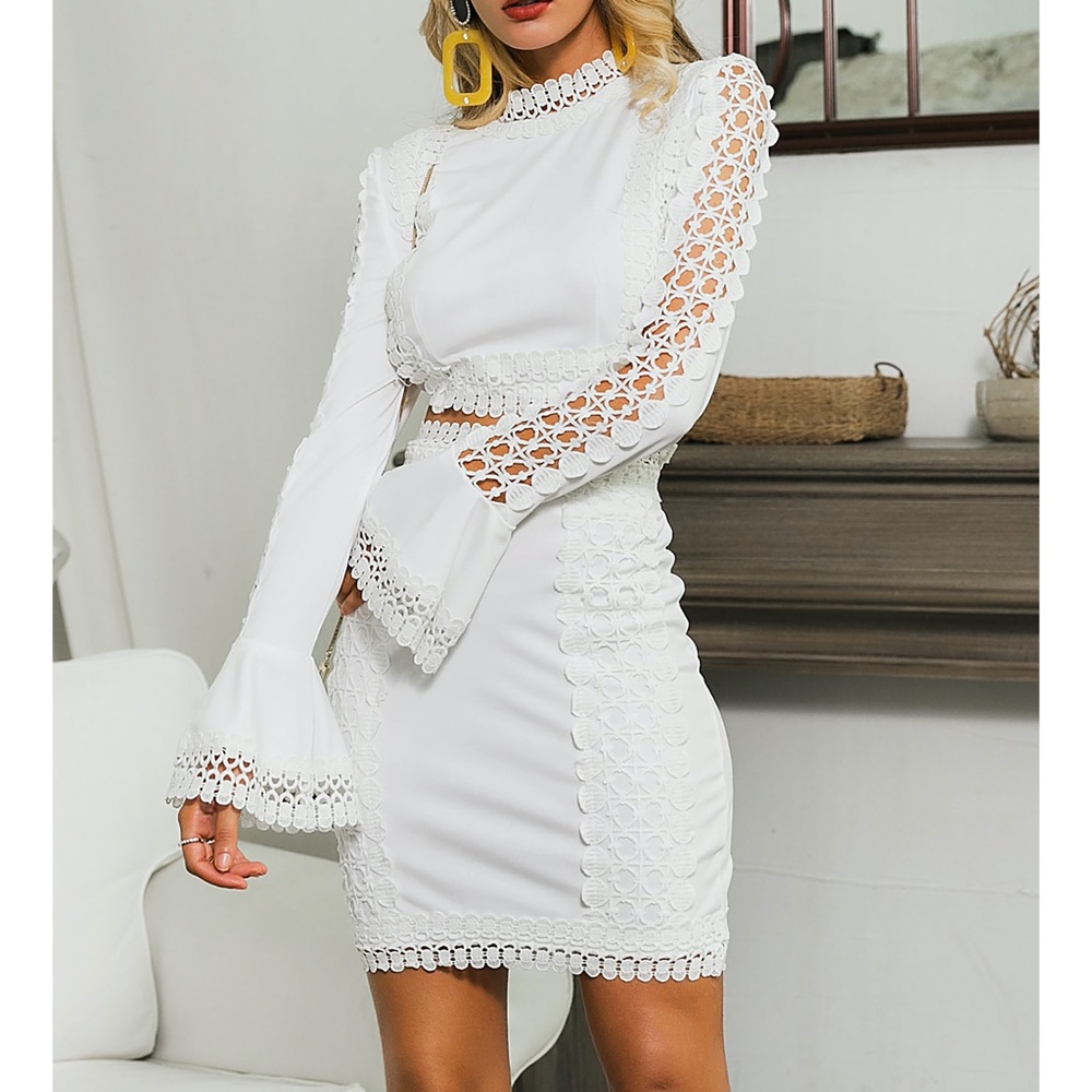 White Guipure Lace Two Piece Top Skirt Coord Set - Picture 4 of 15